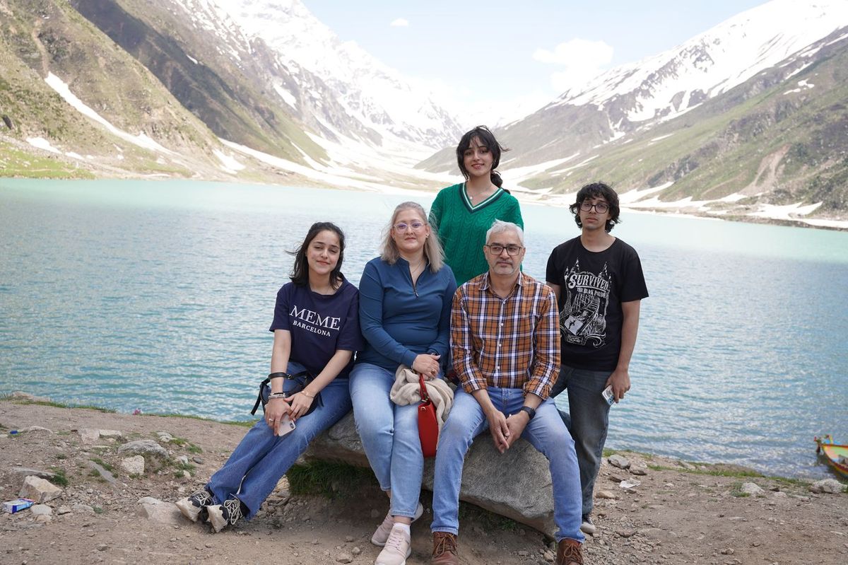 Family portrait at a northern lake